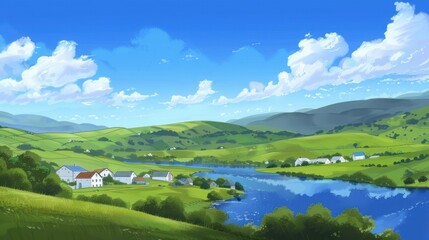 Cartoon Idyll: A Visual Symphony of Blue Skies, Green Fields, and White Houses Amidst Mountains and Rivers