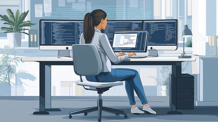 Female software developer focuses on coding at dual monitors in a sleek office environment, showcasing a modern tech workspace with a soft color palette and ergonomic furniture