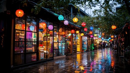 Vibrant Turkey Street Shop Alley with Lanterns and Restaurants at Night / Day