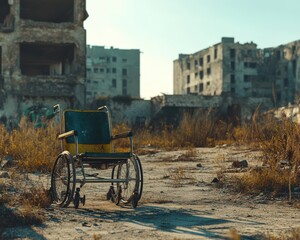 A lonely wheelchair abandoned in a desolate urban landscape, symbolizing neglect and forgotten lives.