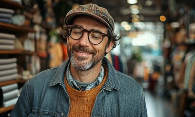A smiling man in a denim jacket and cap, standing in a market. - Powered by Adobe