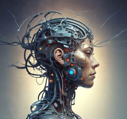 Technology illustration of cyborg with brain connections.