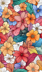 Floral flowers and beautiful colorful leaves wallpaper seamless pattern for interior decoration or background.