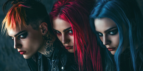 Naklejka premium Trio of alternative fashion models with vibrant hair colors and intense makeup