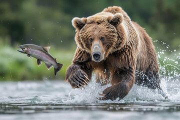 Obraz premium brown bear catching fish in the river