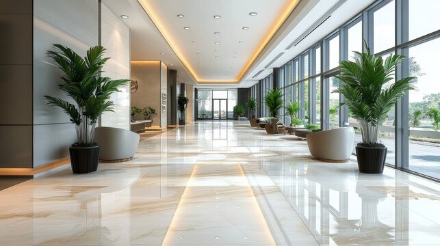 Modern luxury hotel lobby with polished marble floors large windows and green plants elegant design clean lines stylish furniture