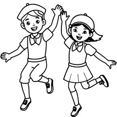  children in uniform jumping