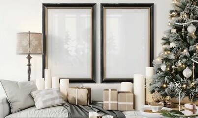 A cozy living room adorned with a stylish Christmas tree and a set of two elegant empty picture frames awaits New Year's celebration. Soft textures and warm colors invite holiday cheer