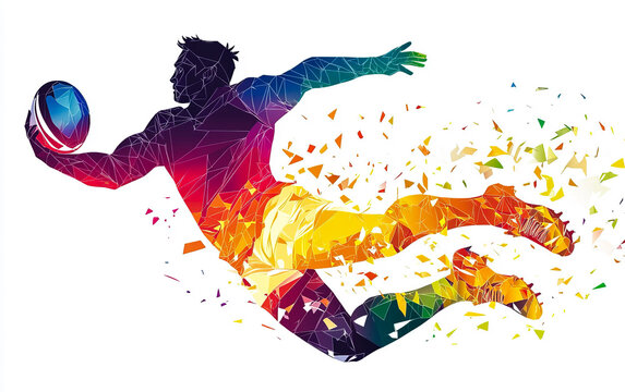 A sports poster banner featuring a rugby -american soccer. The abstract background with colorful patterns enhances the dynamic design.