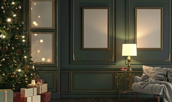 Cozy living room adorned for New Year's, showcasing a set of picture frames ready to be filled with cherished memories, accompanied by a beautifully decorated tree and warm lighting