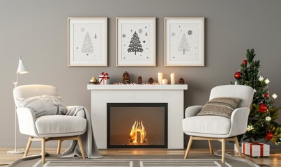 A cozy living room showcases a festive New Year atmosphere. Picture frames featuring watercolor designs of holiday trees adorn the wall above a warm fireplace