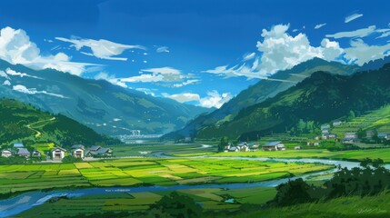 Cartoon Idyll: A Visual Symphony of Blue Skies, Green Fields, and White Houses Amidst Mountains and Rivers