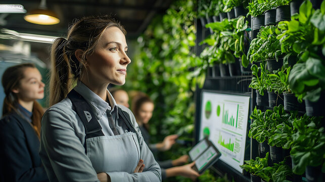 A woman in refined workwear oversees a sustainable farming initiative, guiding her team as they analyze crop data amidst a vibrant vertical garden in a well-lit office