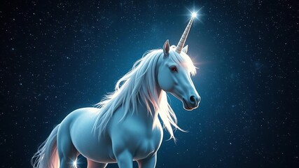 Naklejka premium A majestic unicorn stands under a canopy of stars with its horn shining bright and surrounded by glittering starlight, unicorns, nocturnal, ethereal