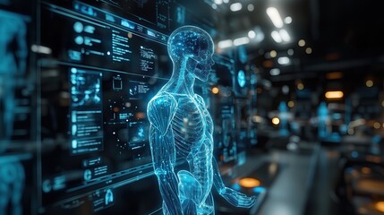 3D hologram of human anatomy and skeleton glowing in blue and green neon light. Ideal for medical or technology advertising.