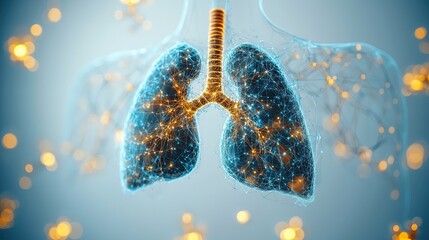 ​Modern 3D blue human lung model in low poly style. Shows lungs. Geometric wireframe design emphasizes clarity and health in futuristic medical concept.