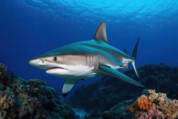 Obraz premium Curious Hammerhead Shark Exploring the Colorful Ocean Ecosystem