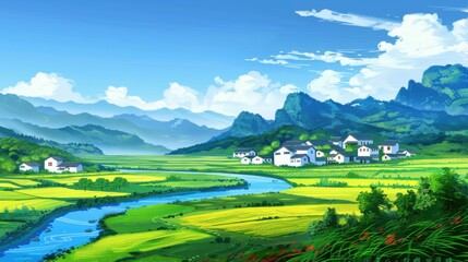Cartoon Idyll: A Visual Symphony of Blue Skies, Green Fields, and White Houses Amidst Mountains and Rivers