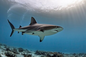 Obraz premium A Solitary Hammerhead Shark Swimming in White Space