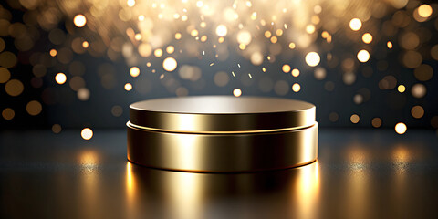 vibrant vivid Empty gold cylinder podium floating on a black background with a bokeh effect. Abstract minimalist 3D geometric shape object. Mockup space for displaying product design. 3D rendering