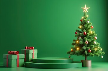 Abstract Christmas background with christmas tree and gift box green color ,podium design for showcase or product display , 3d rendering