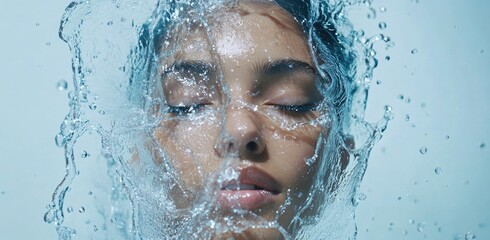 Water splashing on a beautiful woman's face for a beauty and skin care concept