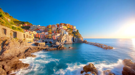 View of the colorful cliffside buildings in Manarola, Italy at sunset, with waves crashing against the rocks below and a clear blue sky above.