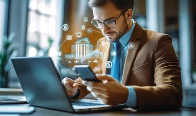 businessman in brown suit using smartphone and laptop for online banking digital payments and financial technology in modern office environment
