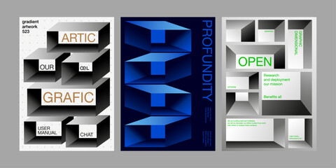 Three dimensional structure poster graphic design collection square shape deep space pattern blue black monochrome gradient modern minimal simple layout with typo 3D repeat bold background frame block