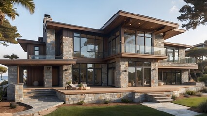 Fototapeta premium Modern beach house with a big swimming pool in backyard of the house, exterior design of house with elegant front elevation design