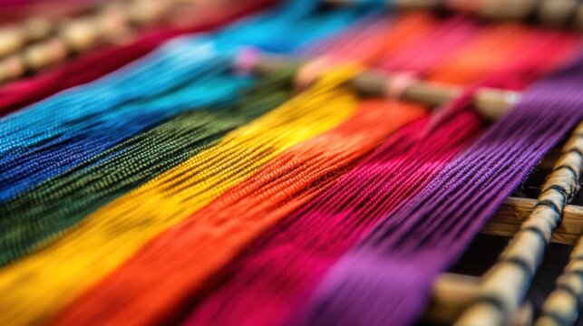 A series of different colored threads creating a vibrant pattern on a loom, Representing the weaving of diverse experiences into a coherent whole, minimalist composition