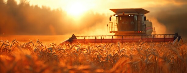 A golden wheat field with an open combine harvester in the background, captured from behind with...