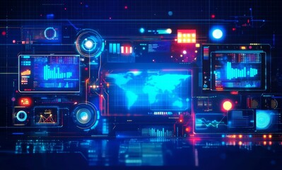 Fototapeta premium Futuristic Control Room for Logistics and Supply Chain Management Software Solutions with Telematics and Global Positioning