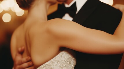 A beautiful couple in formal attire dancing the Waltz in a grand space with chandeliers.