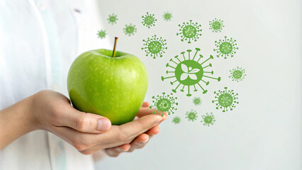 Fresh green apple held in hands with virus icons, symbolizing health