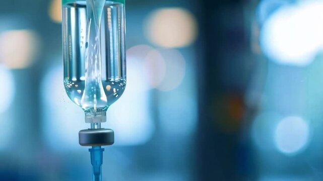 Focused image of an IV drip in a medical environment. Represents healthcare services and patient care. Blurry background adds a sense of depth and calm. Generative AI