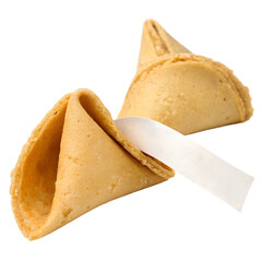 A fortune cookie cracked open with an empty fortune, isolated on a transparent background