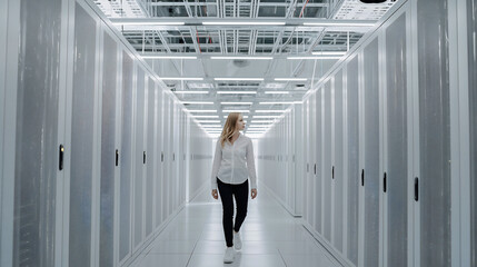 A female data center engineer inspects server status while walking through a pristine white server aisle. Overhead lighting casts dramatic shadows on perfectly managed cables and racks