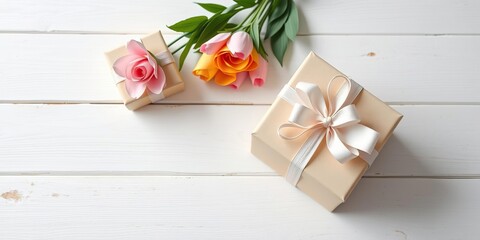 Gift boxes with hand wrapped paper flowers on white wooden table, white wooden table, gift wrapping ideas