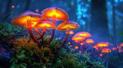 Fototapeta premium Glowing mushrooms in mystical forest.