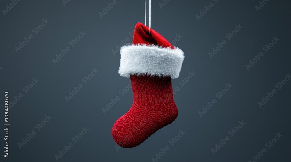 Poster A red stocking with a white hat hanging from a string
