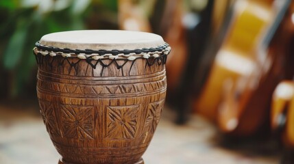 A traditional Swazi drum with carvings and skin, blurred musical instruments in the background