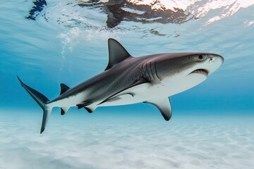 Naklejka premium Playful Hammerhead Shark Gliding Through a Bright White Ocean Space