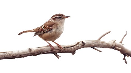 A small wren perched delicately on a branch, isolated on a white background.