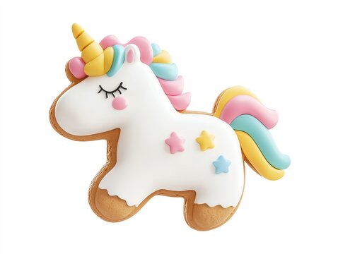 Unicorn-shaped cookie on white background