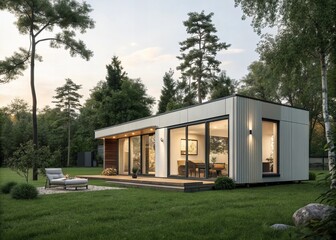Modern Tiny Home with Glass Walls in a Serene Forest Setting at Sunset
