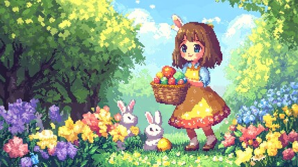 A cheerful pixel girl in an Easter dress, holding a colorful basket of eggs, surrounded by pixel flowers and bunnies.