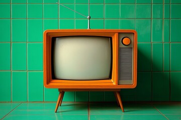 Vintage Retro CRT Television with Wooden Frame in Colorful 70s 80s Inspired Living Space