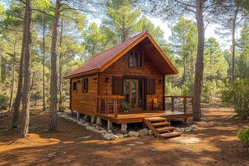 Rustic wooden cabin with red metal roof surrounded by tall pine trees in sunny forest