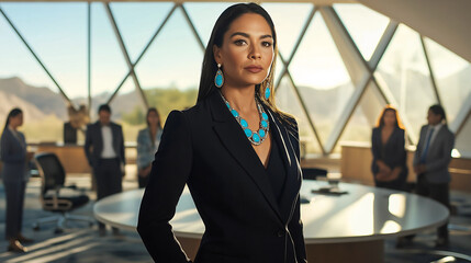 A Native American woman in a tailored black suit with turquoise jewelry confidently guides her team during a product launch in a modern office filled with morning light - Powered by Adobe